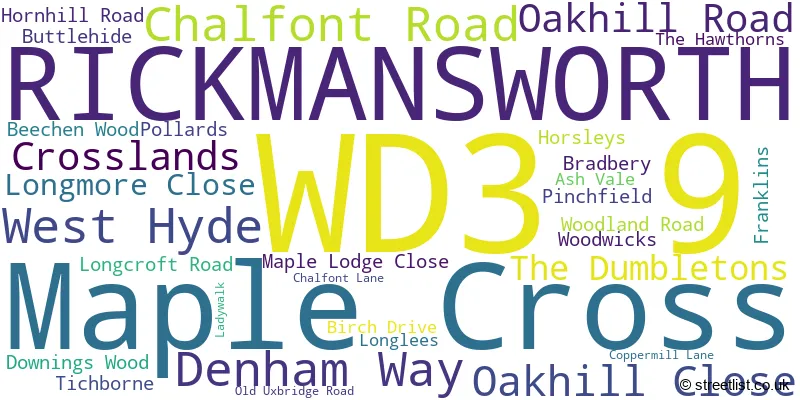A word cloud for the WD3 9 postcode